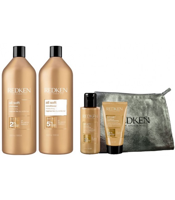 Redken All Soft Shampoo 1000ml + Conditioner 1000ml+ Sizes Toiletry + Bag